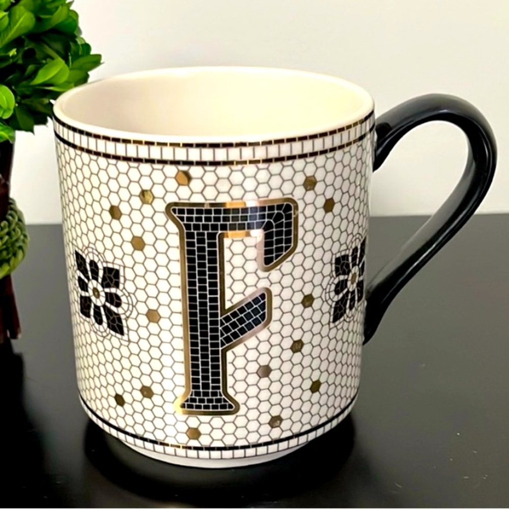 Anthropologie Bistro Tile Margot Monogram F Mug Black Gold Mosaic Tiled Initial